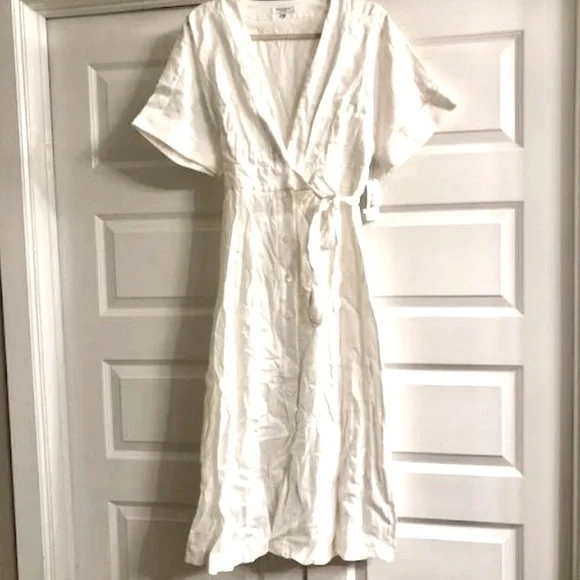 NWT EQUIPMENT Nauman White Linen Wrap Short Sleeve Midi Dress SZ 8